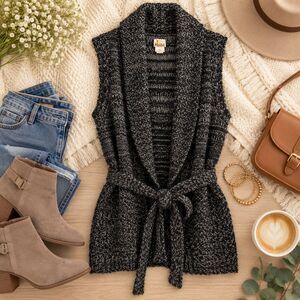 Mudd XS Black Gray Marled Knit Belted Sweater Vest Open Front Shawl Collar